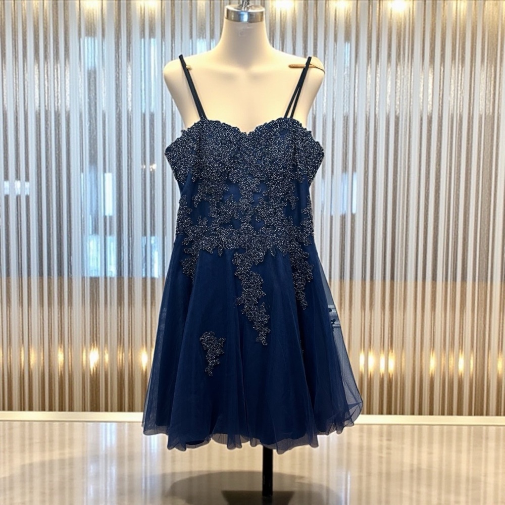 Sydney's Closet Navy Blue Prom Corsett Back Tulle Cocktail Dress Size 16